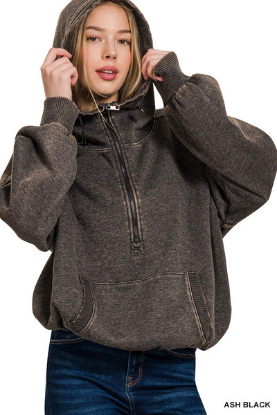 WASHED DRAWSTRING HEM HALF ZIP KANGAROO HOODIE