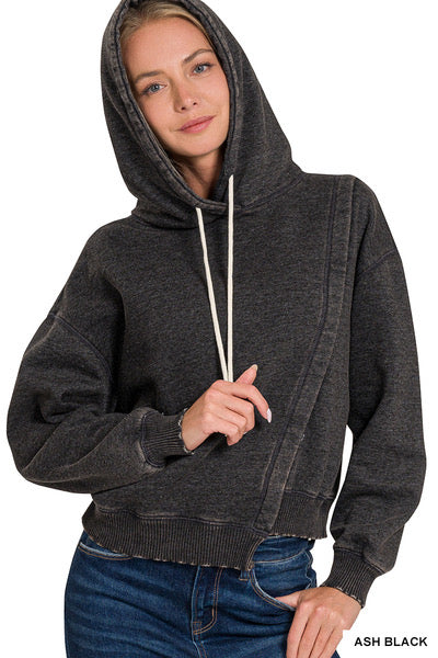 ACID WASH ASYMMETRICAL DETAILED FLEECE HOODIE Tracie s Boutique