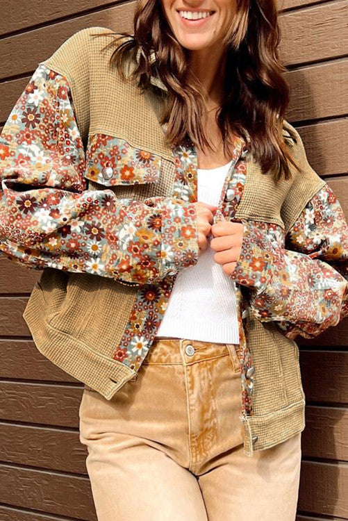 Waffle Knit Floral Print Patchwork Button up Jacket