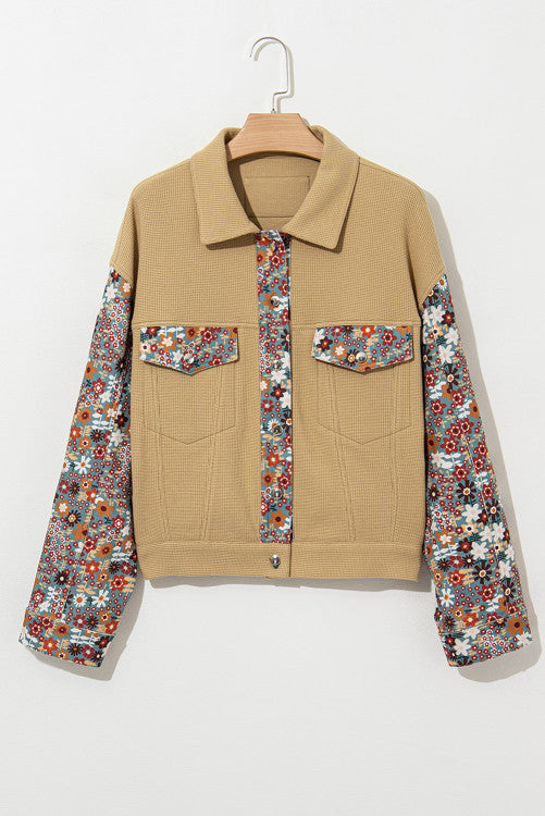 Waffle Knit Floral Print Patchwork Button up Jacket