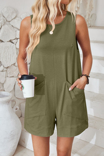 Plain Loose Fit Pockets Sleeveless Romper