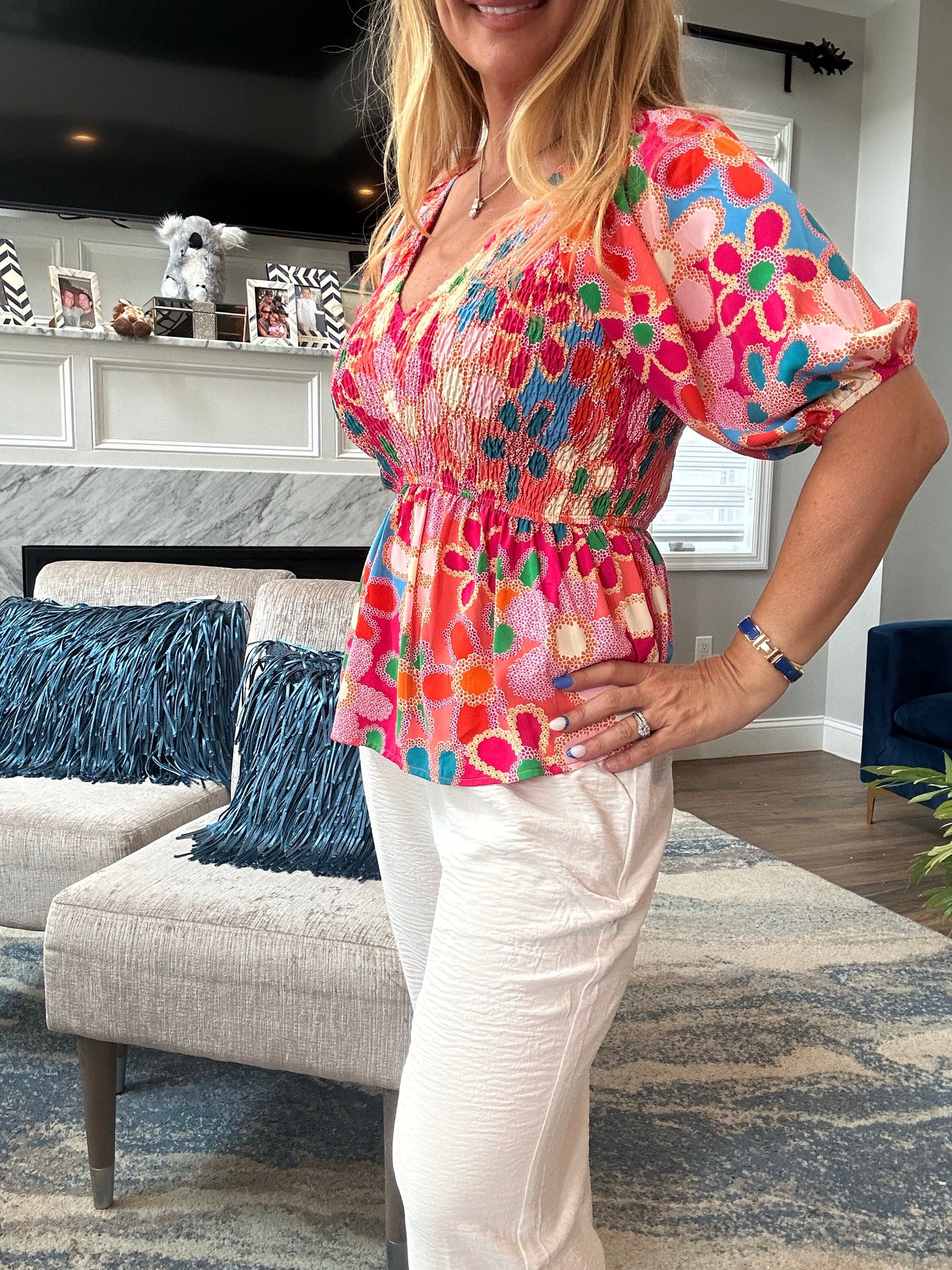 Boho Floral Print puff Sleeve Blouse