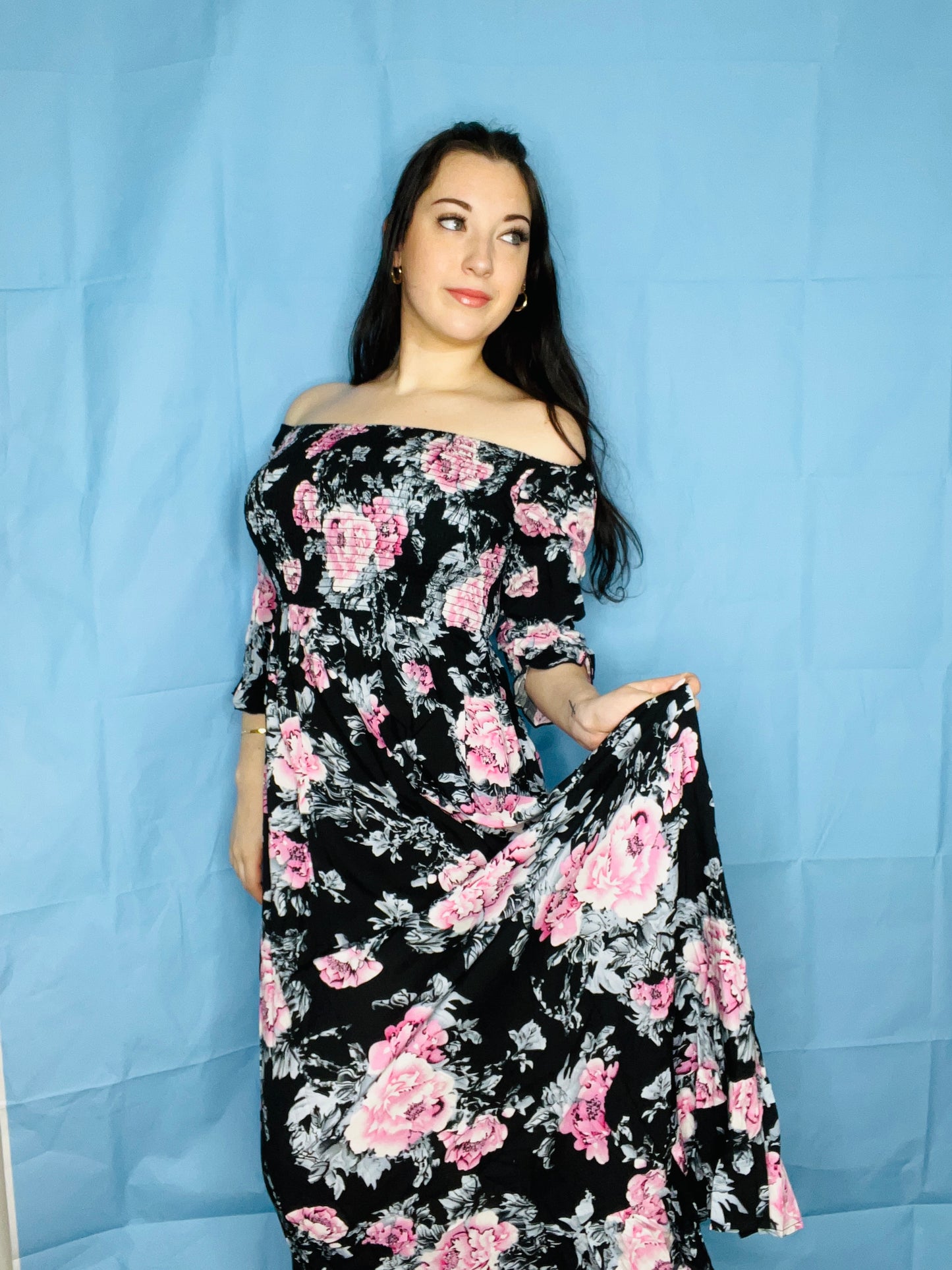 Long Floral Dress with cuffed sleeves