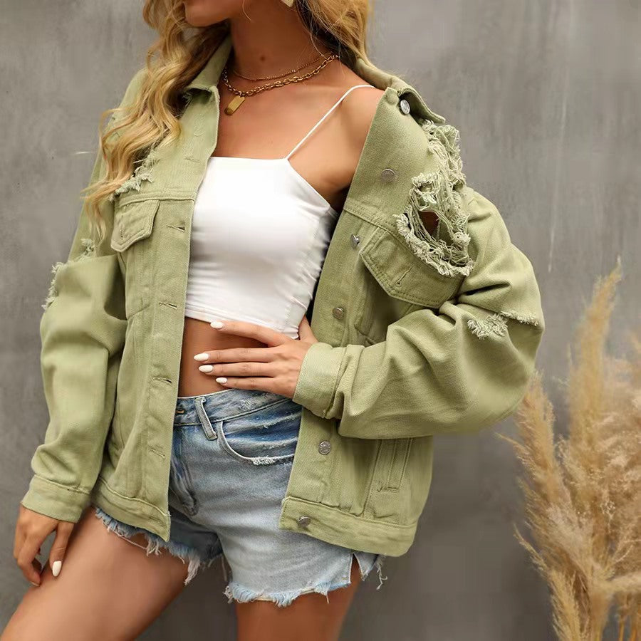 Olive Green Ripped Denim Jacket