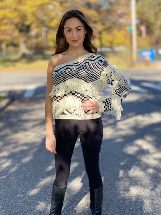 Off the Shoulder Fringe Pattern Sweater